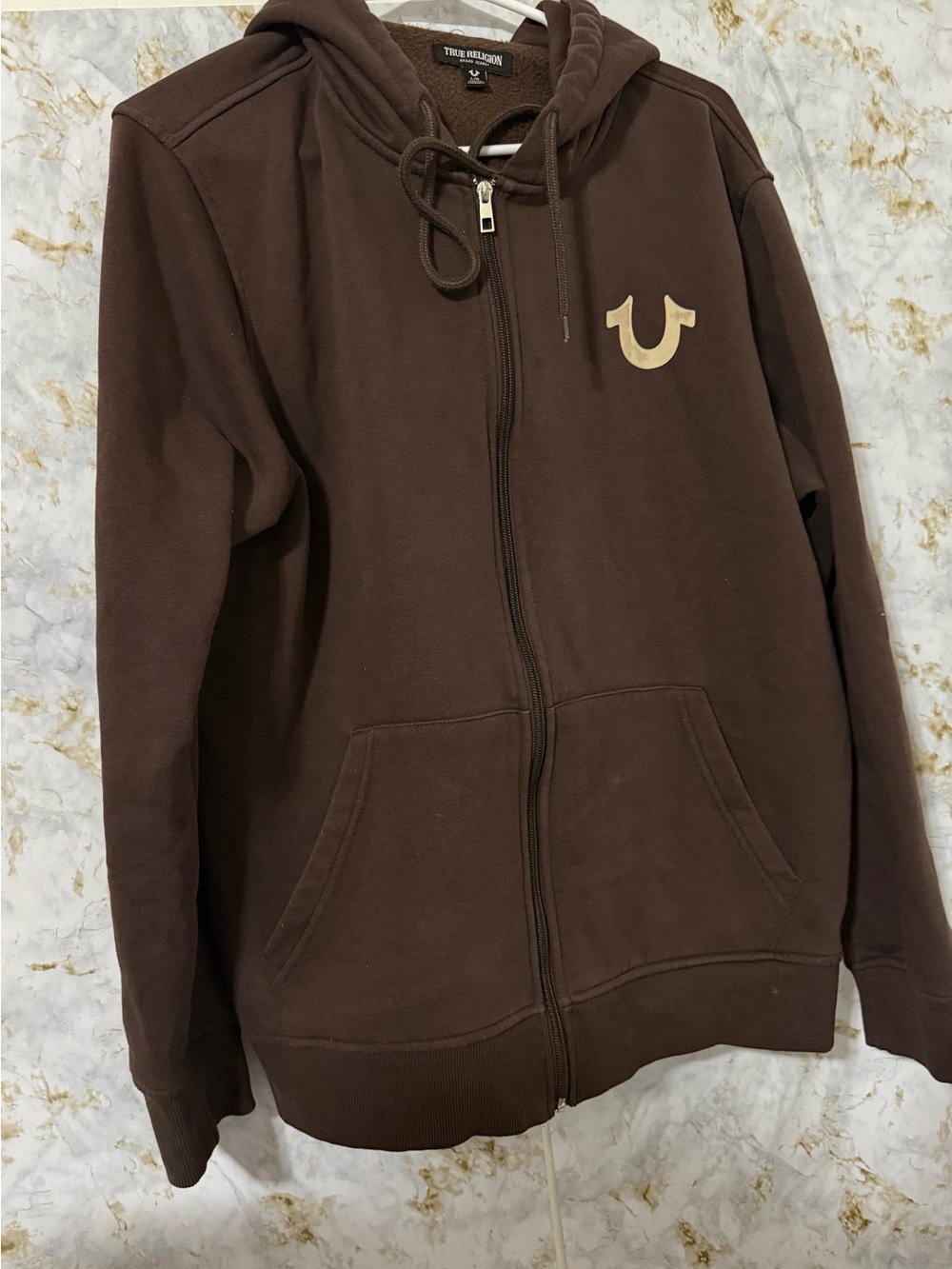 True Religion Brown Full-Zip Hoodie with Tan Horseshoe Emblem